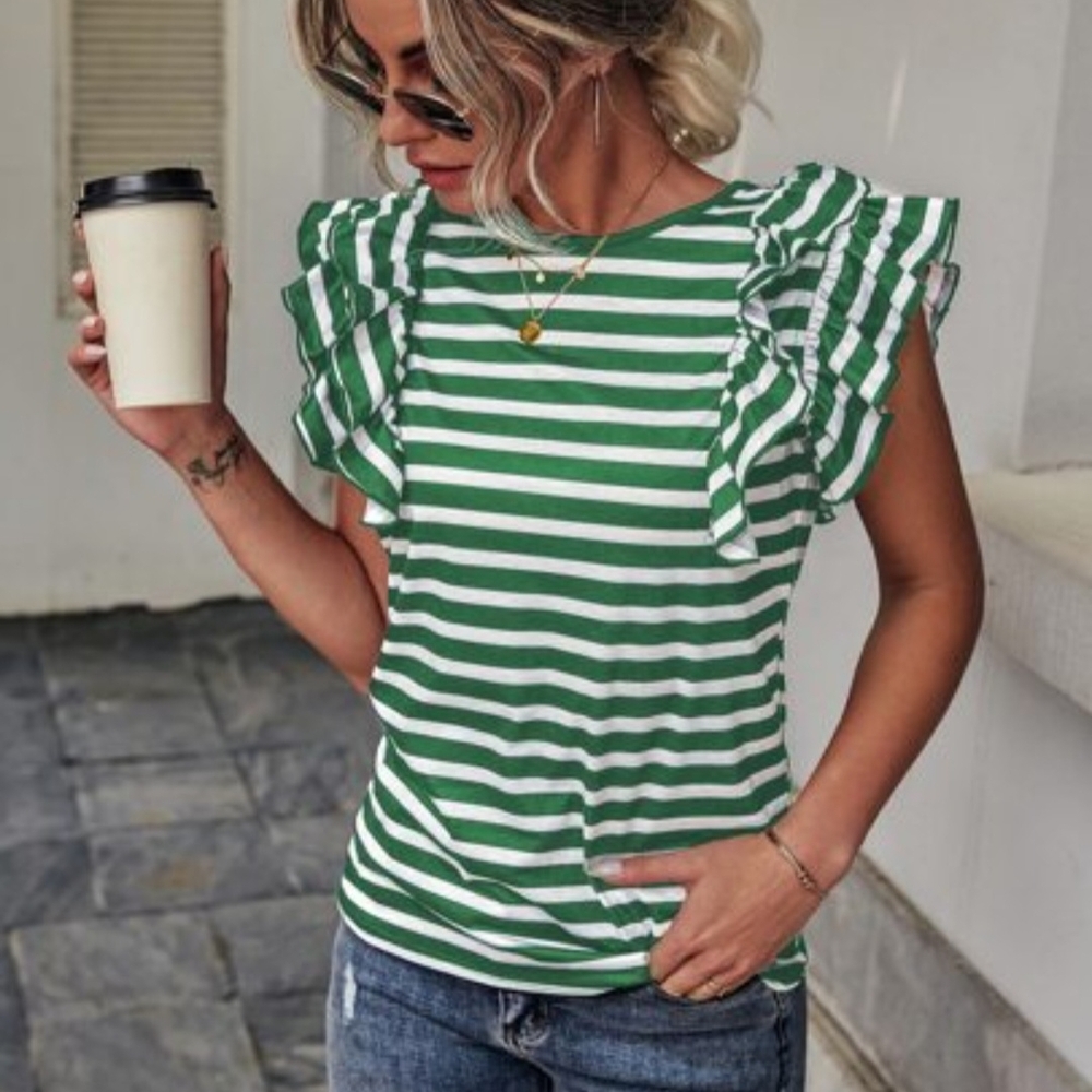 Green and White Ruffled Cap Sleeve Blouse